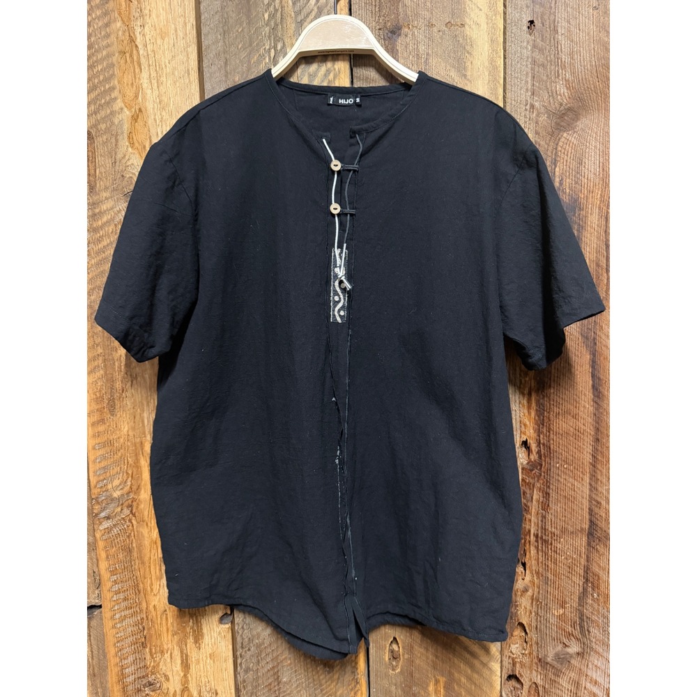 Black Tunic Henley Mens M Filipino Tribal Boho Artisan Ethnic Lagenlook Y2K